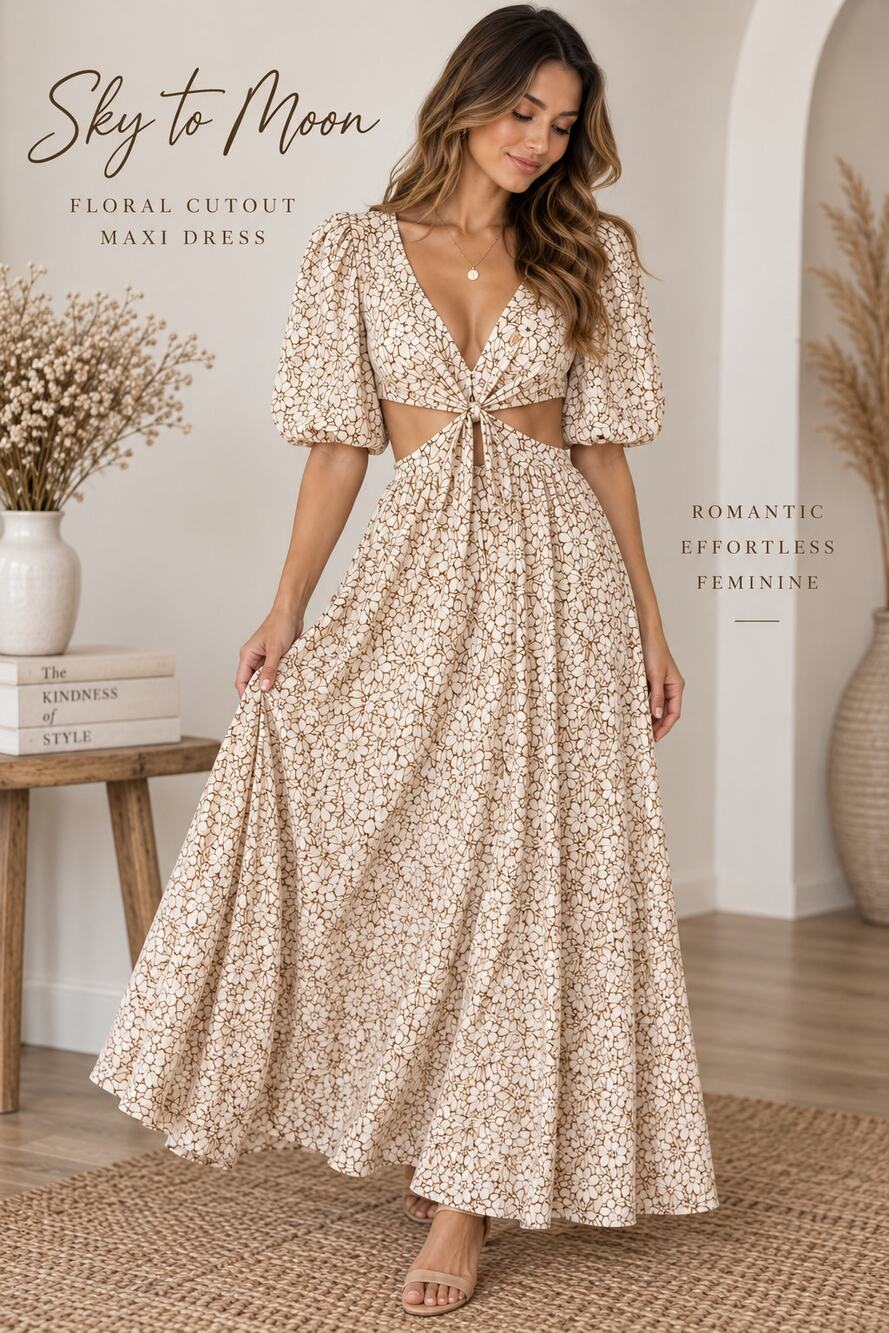 Sky to Moon Floral Cutout Maxi Dress Small Puff Sleeve Tie Front Cottagecore